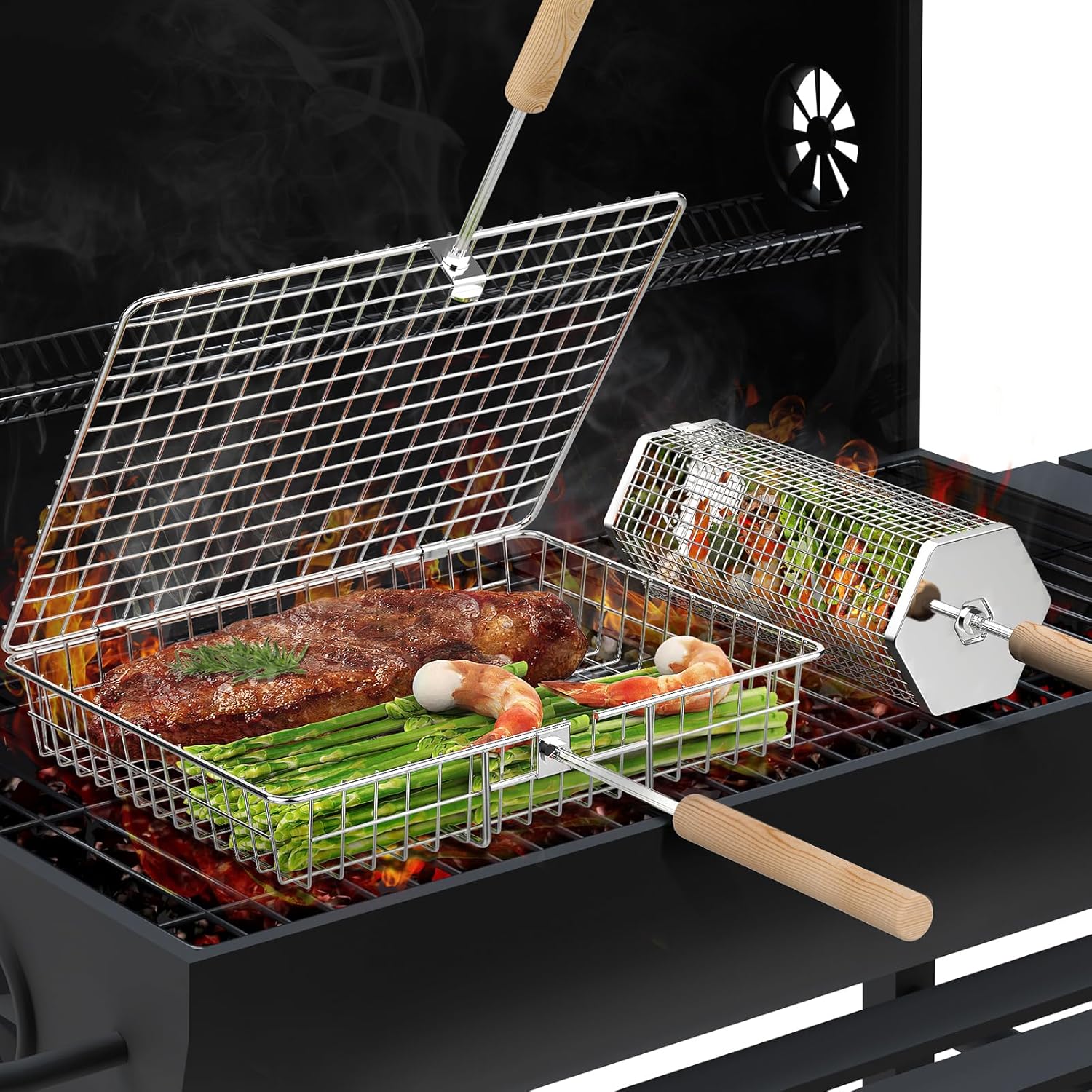 Camping Cooking Tool Set - Grill Basket Set with Removable Wooden